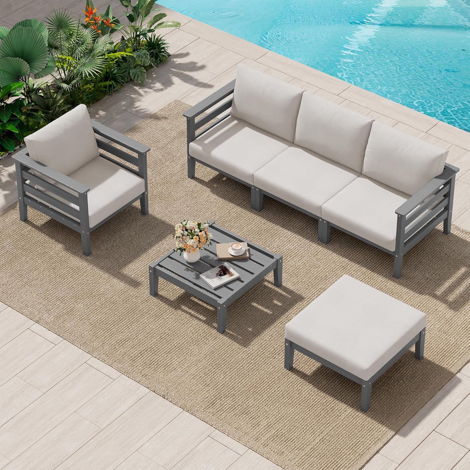 Outdoor Furniture Fire Pit - HDPE Patio Furniture Set, 6 Pieces