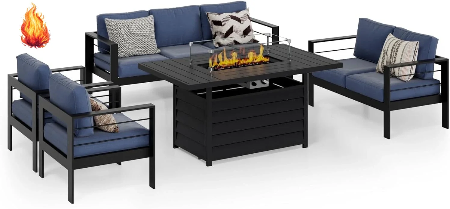 Outdoor Furniture Fire Pit - Aluminum Patio Furniture Set, 7 Seats