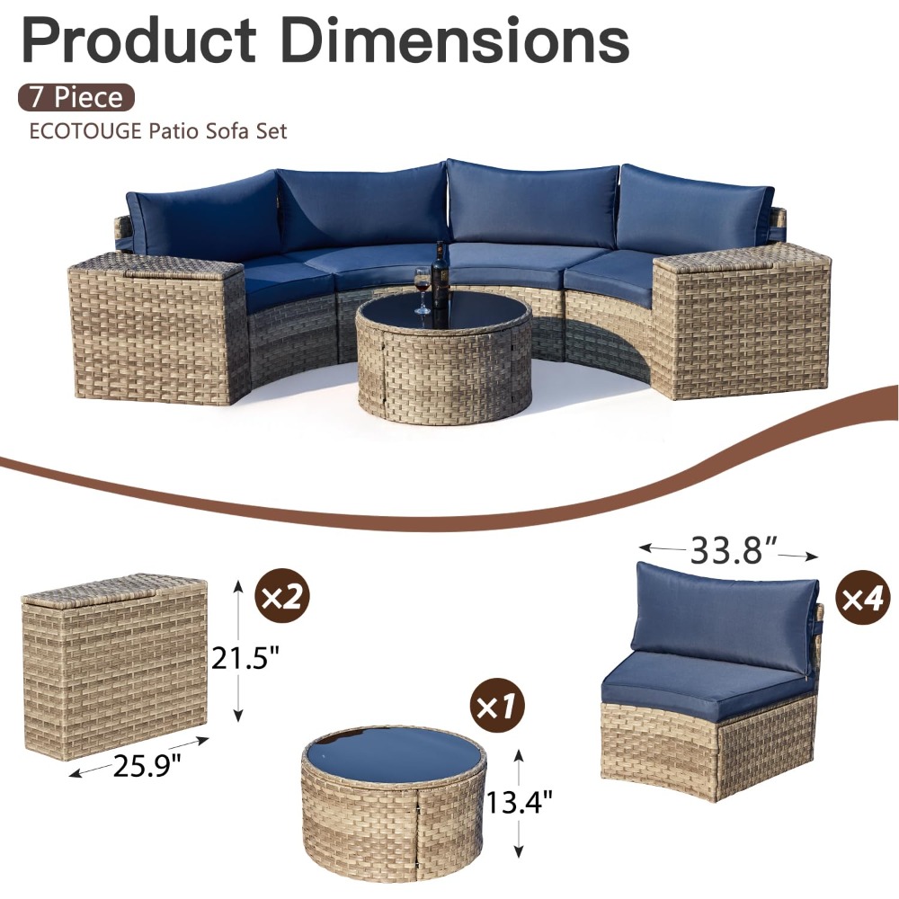 Outdoor Furniture Fire Pit Set - 8-Piece Half-Moon Curved Patio Furniture Set