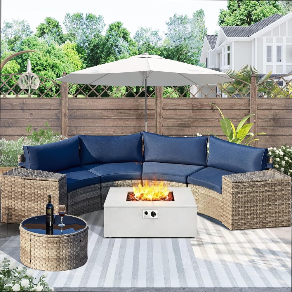 8-Piece Half-Moon Curved Patio - Outdoor Furniture Fire Pit Set review and price